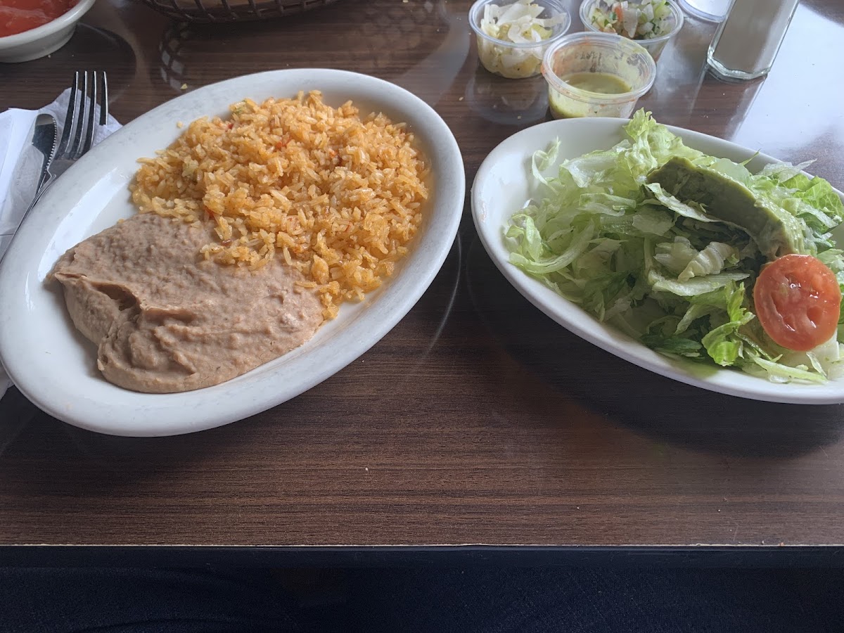 Side of rice and beans(no cheese), side of guacamole salad, salsa from the salsa bar