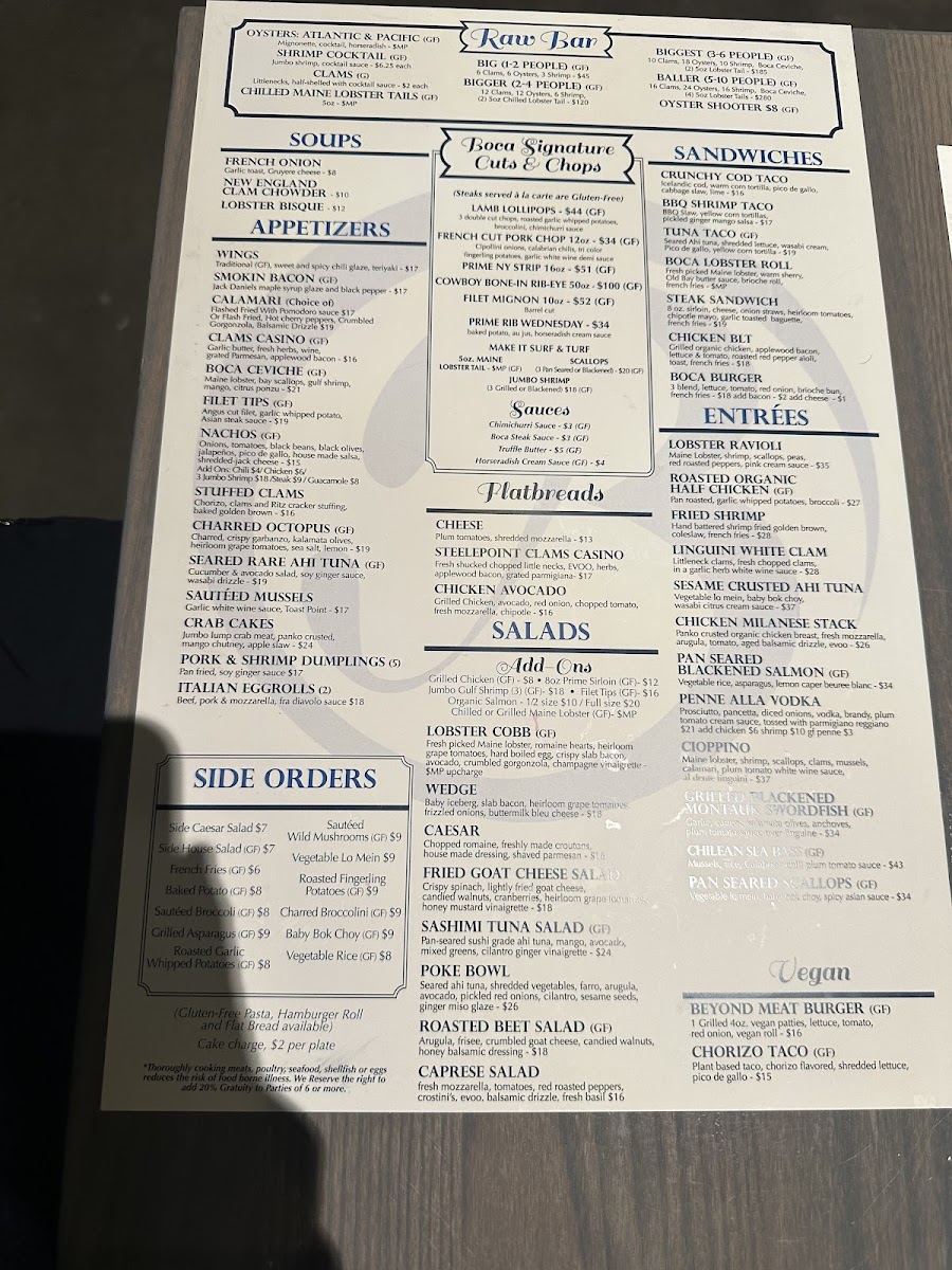 The Boca Oyster Bar gluten-free menu