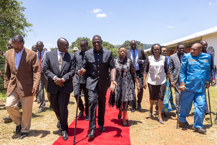 President William Ruto, Deputy President Rigathi Gachagua and First Lady Rachel Ruto alongside other leaders during the funeral service of Mama Annah Tikui Noolparakuo Tunai Mother to Former First Governor of Narok Samuel Tunai in Narok on March 18, 2024