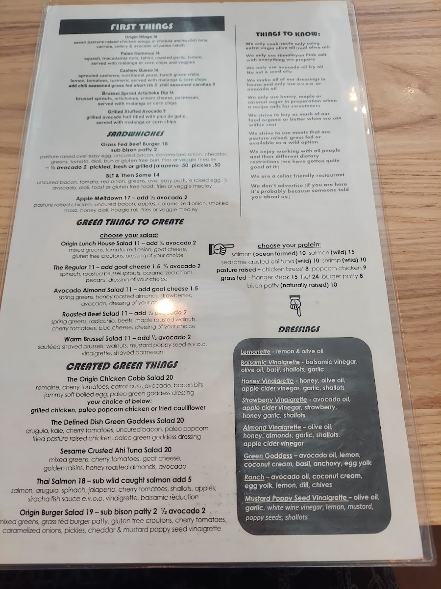 Origin Kitchen + Bar gluten-free menu