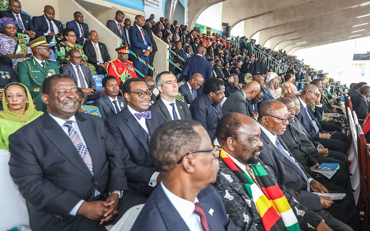 Prime Cabinet Secretary Musalia Mudavadi among other dignitaries at the 60th anniversary of the union between the former Republic of Tanganyika and the People’s Republic of Zanzibar, in Dar es Salaam, Tanzania on April 26, 2024.