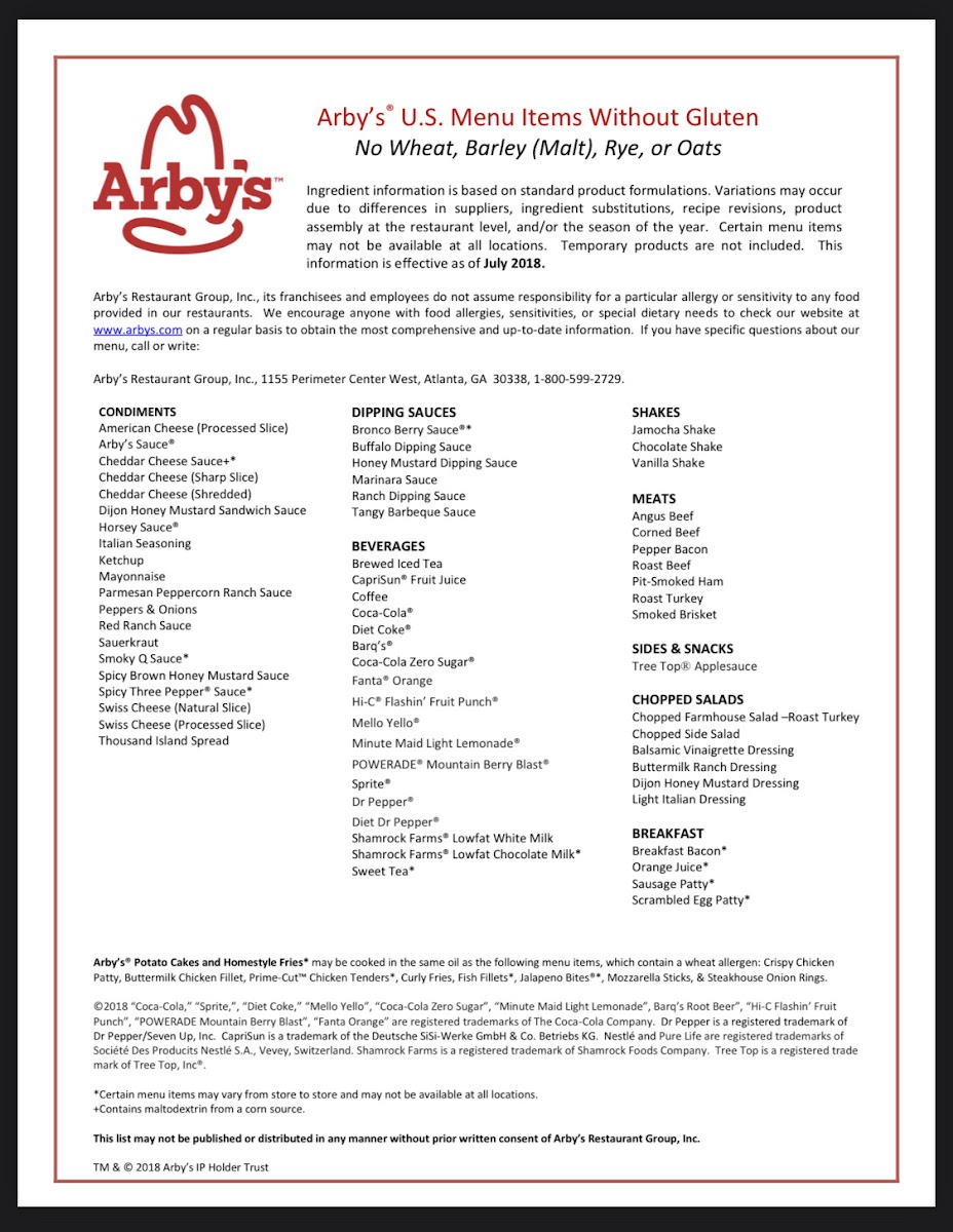 Arby's gluten-free menu