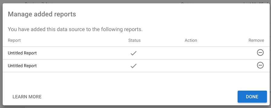 The Manage added reports menu displays the information Report [name], Status, Action, and a Remove icon for each report that uses the data source.