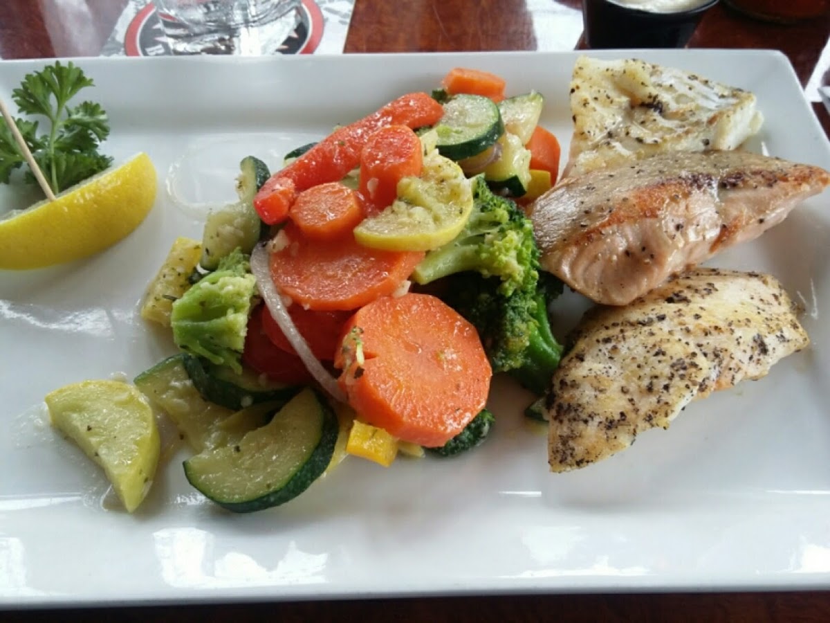 Grilled fish n chips trio with garlic vegetables.