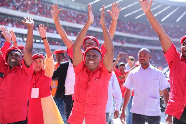EFF leader Julius Malema arrives at the party's last pre-election rally at Orlando Stadium on Sunday.