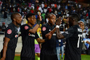 Orlando Pirates and Bafana Bafana winger Vincent Pule celebrates with teammates after scoring the opening goal in the 3-1 Absa Premiership win over SuperSport United at Orlando Stadium on Saturday September 15 2018. 
