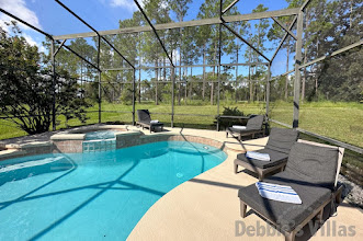 Stunning west-facing pool deck with golf course views at this Highlands Reserve vacation villa