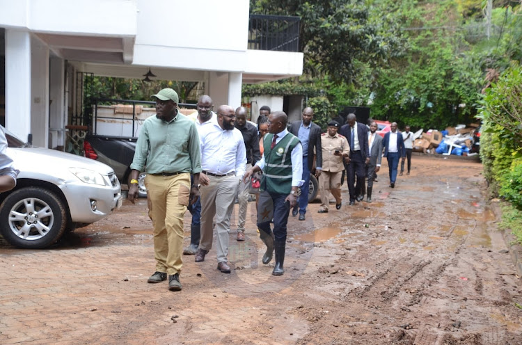 Nairobi governor Johnson Sakaja together with county officials touring parts of Kileleshwa, Kilimani and Kawagware where some of the residents were affected with floods following the heavy downpours on April 22, 2024./DOUGLAS OKIDDY