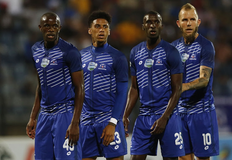 Kwanada Mngonyama , Rushine de Reuck , Siyanda Xulu and Jeremy Brockie of Maritzburg United during the Telkom Knockout 2019, Last 16 match between Maritzburg United and Bidvest Wits at Harry Gwala Stadium on October 18, 2019 in Pietermaritzburg, South Africa.