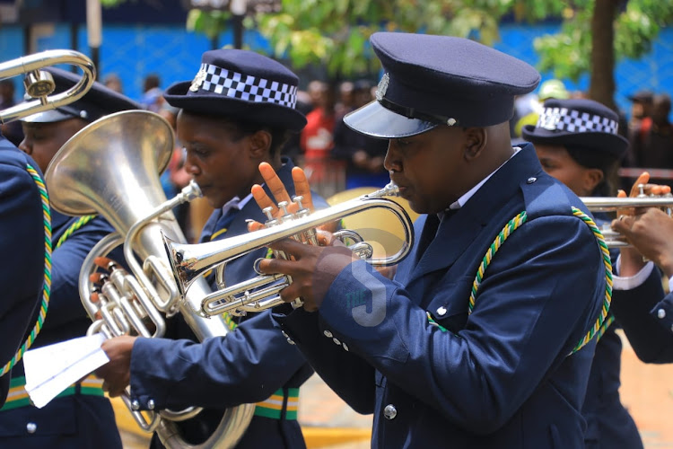 Nairobi City County inspectorate play their saxophones ahead of Governor Johnson Sakaja's County Assembly address on the status of the county on April 4, 2024