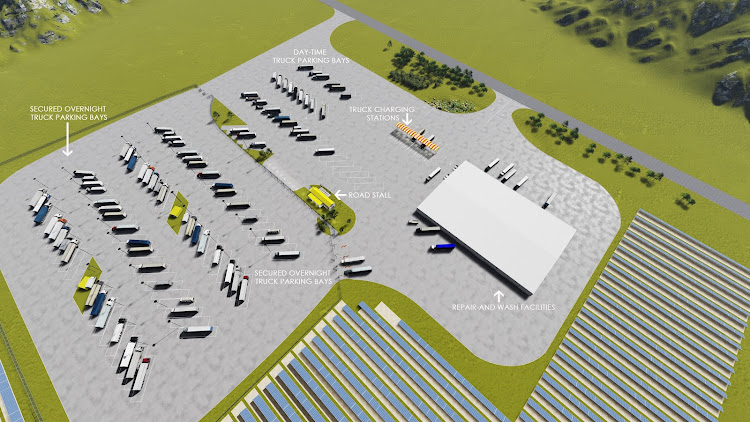 A rendering of a truck stop for electric heavy goods haulers. Picture: SUPPLIED