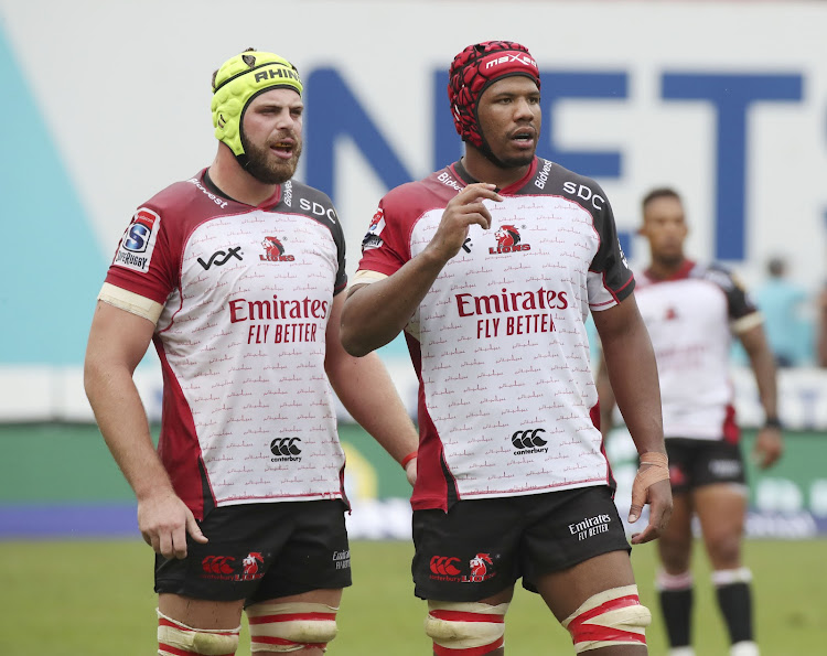 Ruben Schoeman (L) and Marvin Orie (R) during a Super Rugby match against the Lions in Johannesburg on February 8 2020.