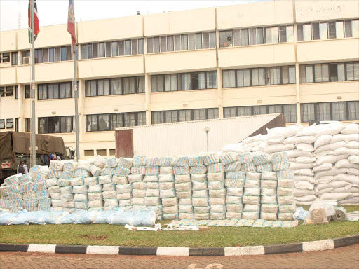 Some of the impounded expired sugar with a packaging machine at the DCI. /EZEKIEL AMING'A