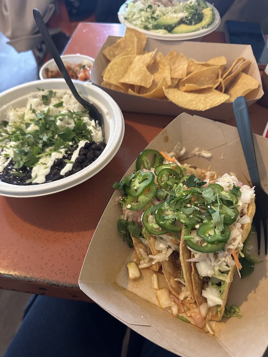 Barbacoa tacos (special) rice and beans, chips & pico and pollo bowl