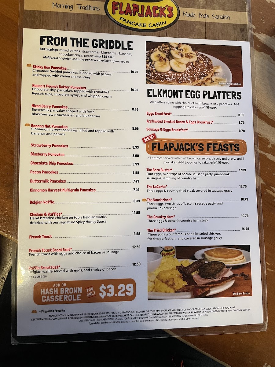 Flapjack's Pancake Cabin gluten-free menu