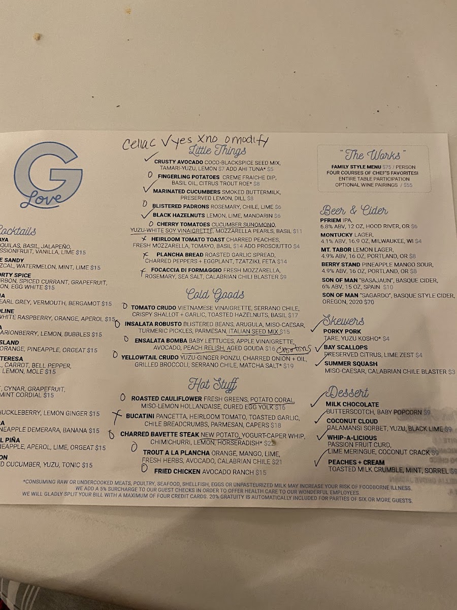 Menu with celiac options marked wjth checks or O's if they could be modified