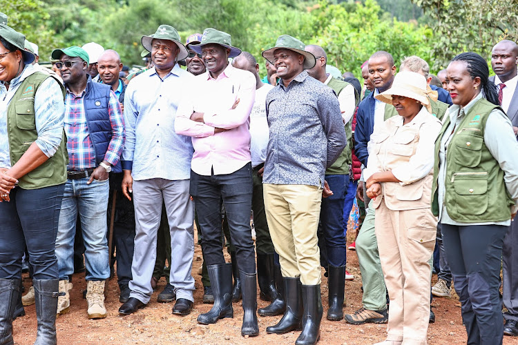 First Lady Mama Rachel Ruto, Environment CS Soipan Tuya and Kiharu MP Ndindi Nyoro during the national tree planting day at Kiambicho Forest Karua Hill A, Murang'a County, on May 10, 2024.