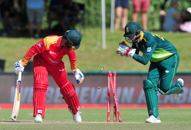 SA wicketkeeper/batsman Heinrich Klaasen shows his quick hands behind the stumps as he attempts a stumping of Sean Williams of Zimbabwe during the Momentum ODI Series game between the Proteas and Zimbabwe at Boland Park in Paarl on October 6, 2018.