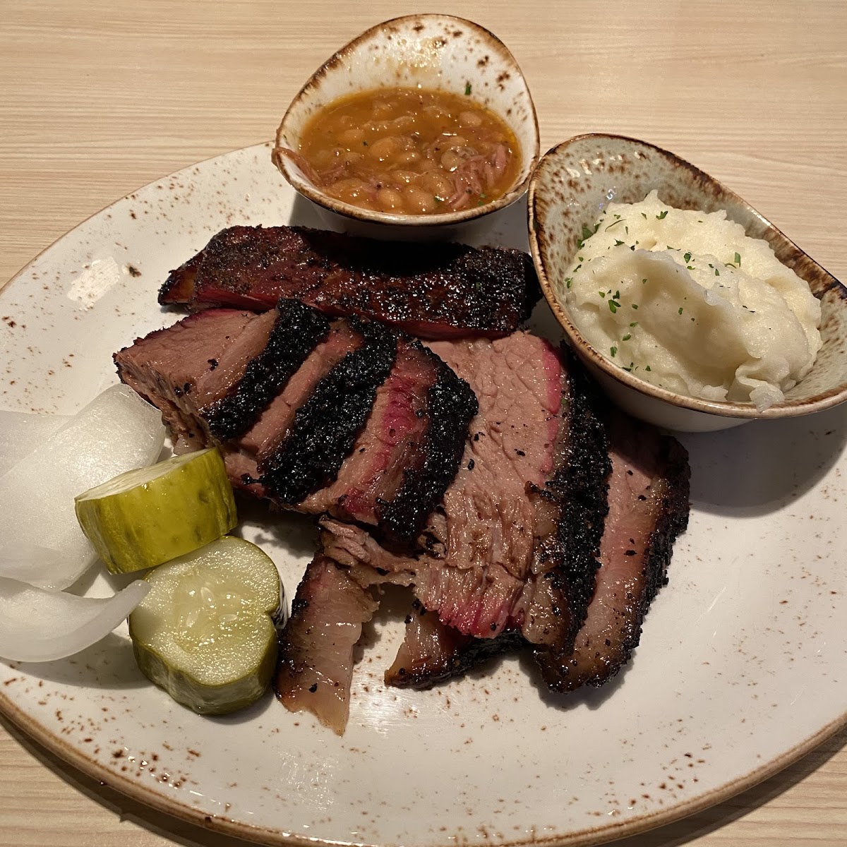 Moist brisket with beans and mashed potatoes