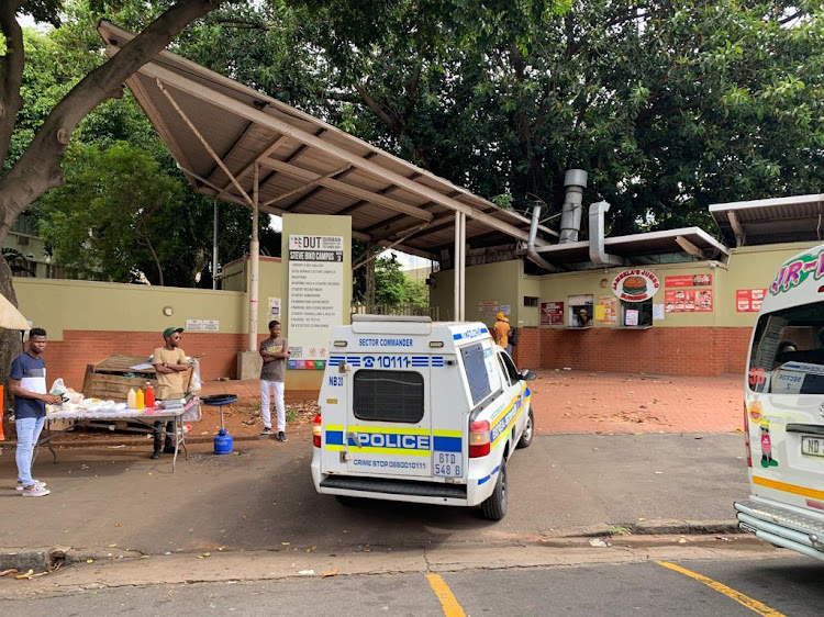 A police vehicle is stationed outside the Durban University of Technology (DUT) on Tuesday due to ongoing student protests.