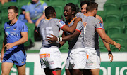 Kings right wing Yaw Penxe (C) celebrates after scoring a try during the Super Rugby match between Australia’s Western Force and South Africa’s Kings in Perth on April 9, 2017.