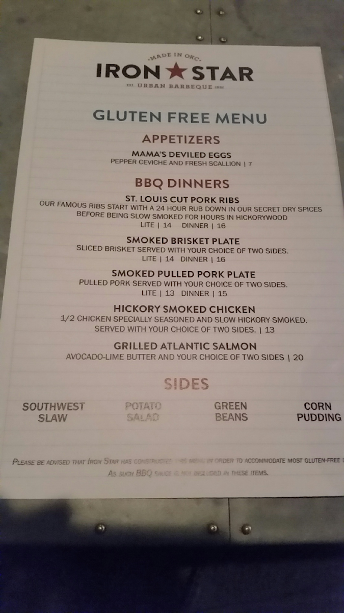 Iron Starr gluten-free menu