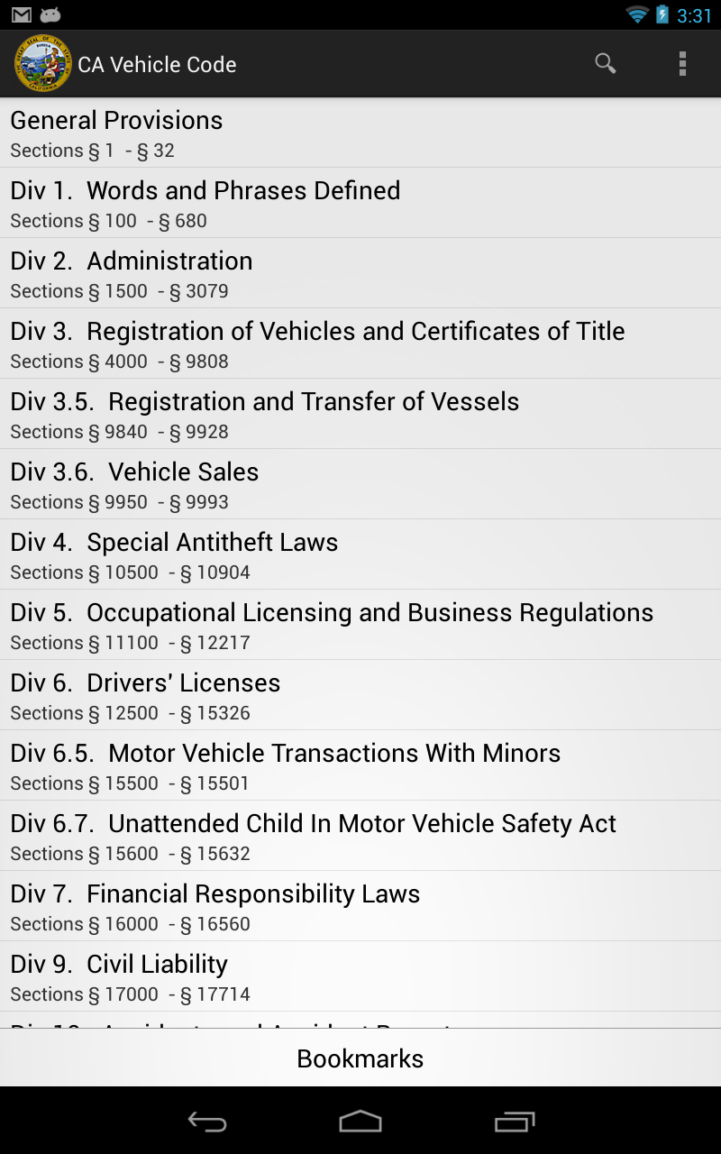 Android application 2016 CA Vehicle Code screenshort
