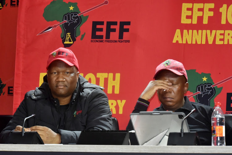 EFF secretary-general Marshall Dlamini and EFF leader Julius Malema address the media in August 2023. File photo.