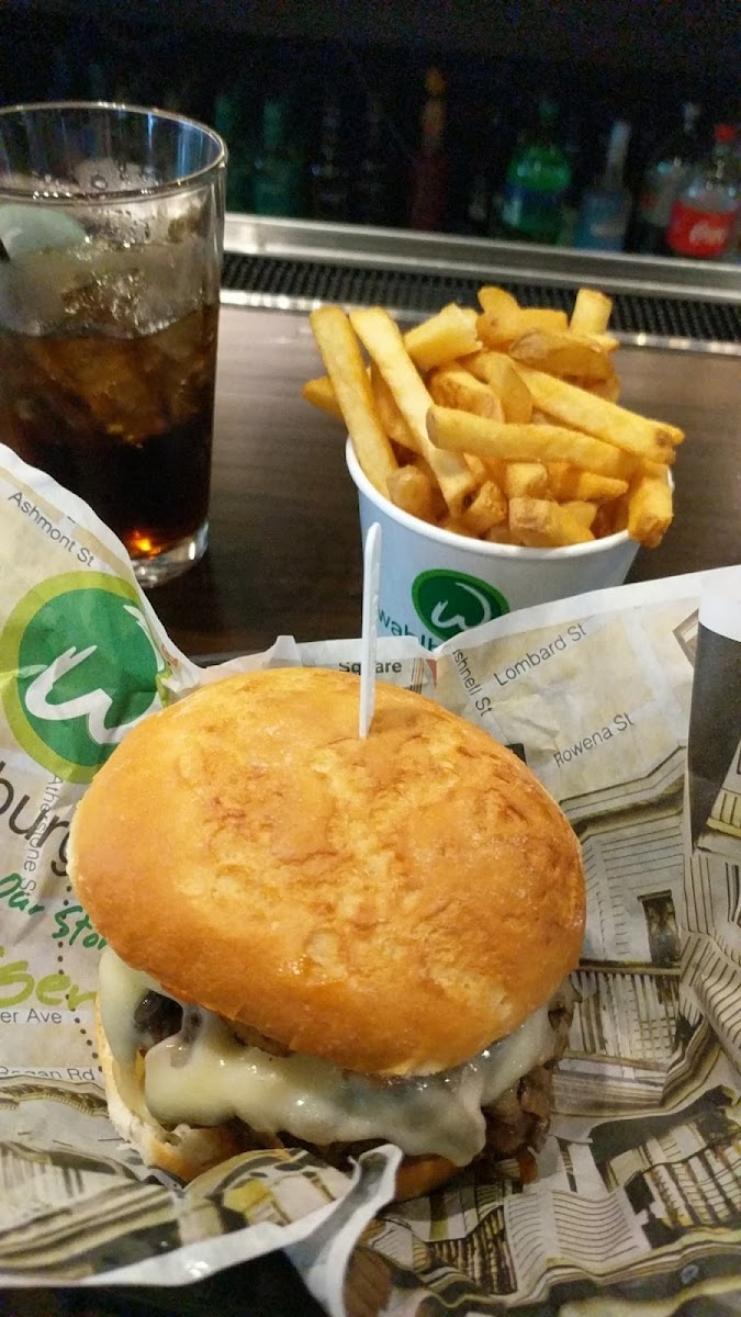 I got the "O.F.D. Originally from 'Dorchestah'" burger with caramelized onions, a side of fries and wahl sauce. The food was good. My bun got a little soggy on the bottom but I just asked for a fork and knife. Personally, I am not much of a burger fan but I've heard good things so I decided to try it. After being vegetarian for so many years meat is still weird to me. I would prefer to eat this w/o the burger or bacon...I wonder if I could order that?