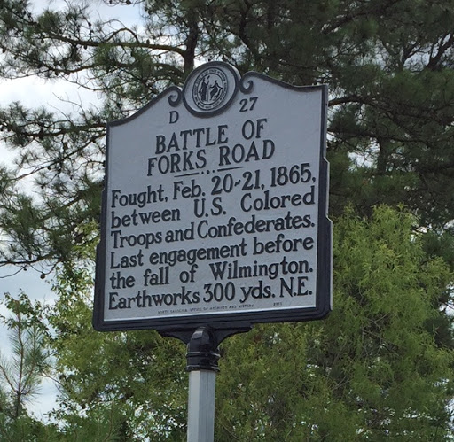 Fought, Feb. 20-21, 1865, between U.S. Colored Troops and Confederates. Last engagement before the fall of Wilmington. Earthworks 300 yds. N.E.Plaque via North Carolina Highway Historical Marker...