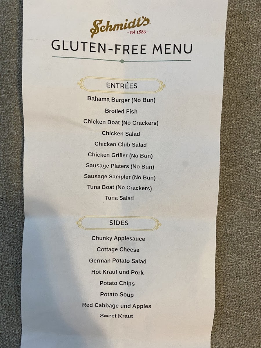 Schmidt’s Sausage Haus gluten-free menu