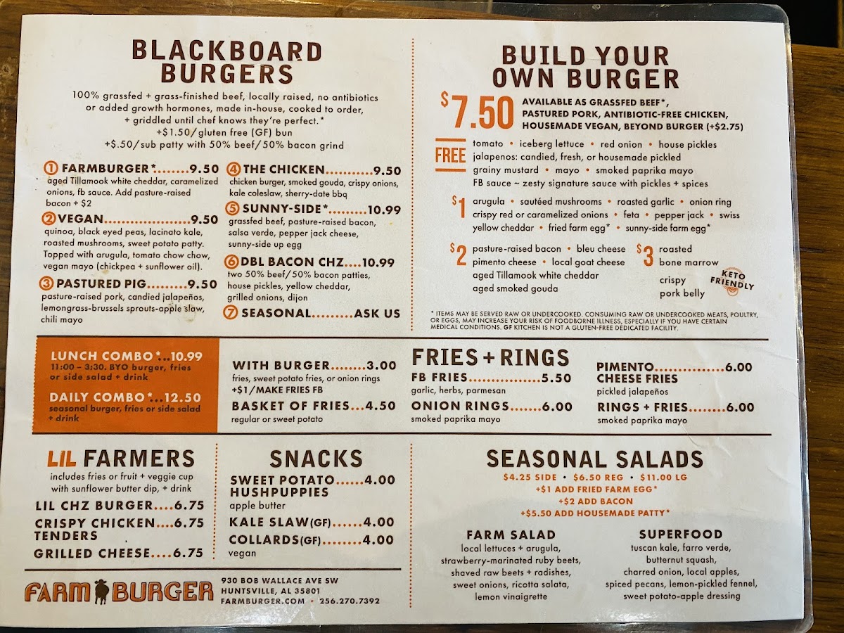 Farm Burger gluten-free menu