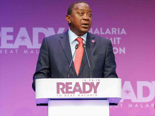 President Uhuru Kenyatta addressing delegates of the Malaria Summit in London the sidelines of the Commonwealth Heads of Government Meeting.Photo PSCU