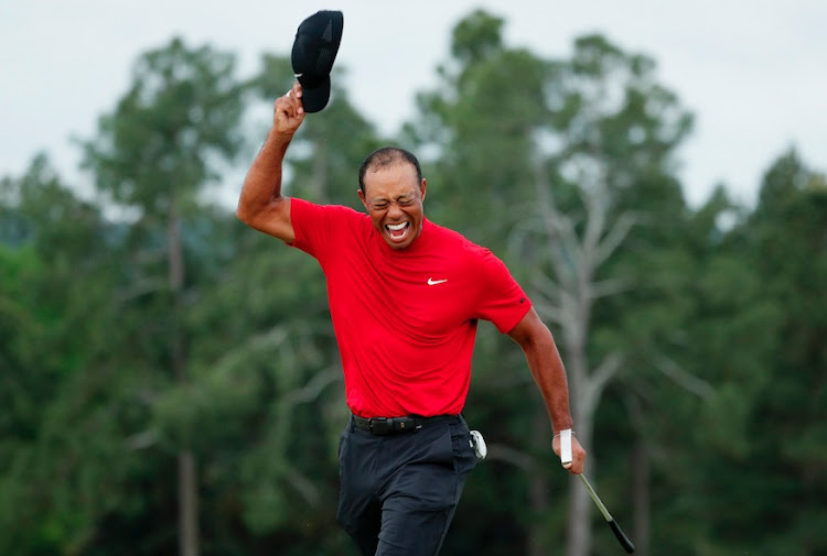 Tiger Woods celebrating after winning the 2019 Masters at Augusta National in the US.