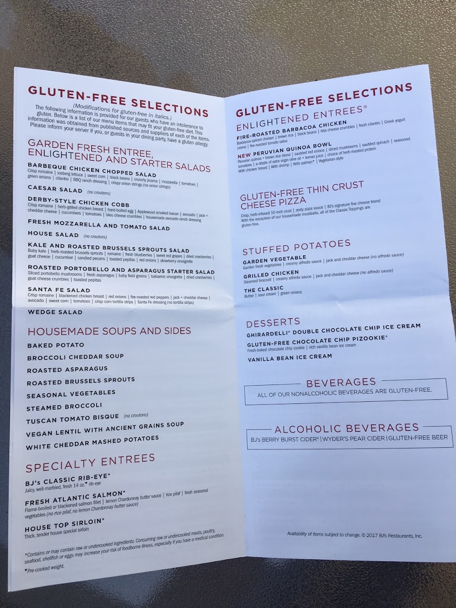 BJ's Brewhouse gluten-free menu