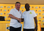 Coach Gavin Hunt and Coach Pitso Mosimane during the Mamelodi Sundowns and Bidvest Wits joint press conference at PSL Offices on September 29, 2016 in Johannesburg, South Africa.