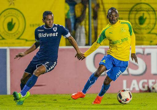 Khama Billiat of Mamelodi Sundowns and Daine Klate of Bidvest Wits in action during the Absa Premiership match at Bidvest Stadium on May 01, 2017 in Johannesburg, South Africa. Wits won 1-0. (Photo by Sydney Seshibedi/Gallo Images)