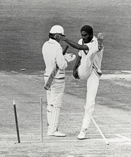 Michael Holding is frustrated by umpire Fred Goodall in New Zealand in 1980.