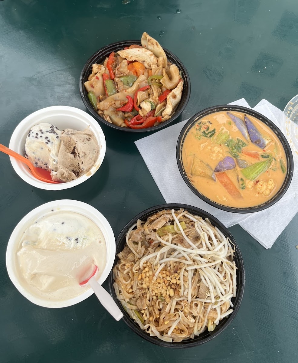 Curry, pad thai, drunken noodles (top noodles not GF). Ice cream to left also right on the block!