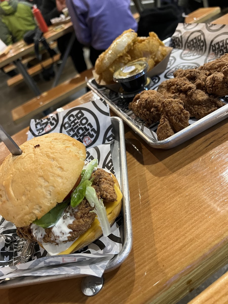 chicken sandwich, chicken tenders, and onion rings