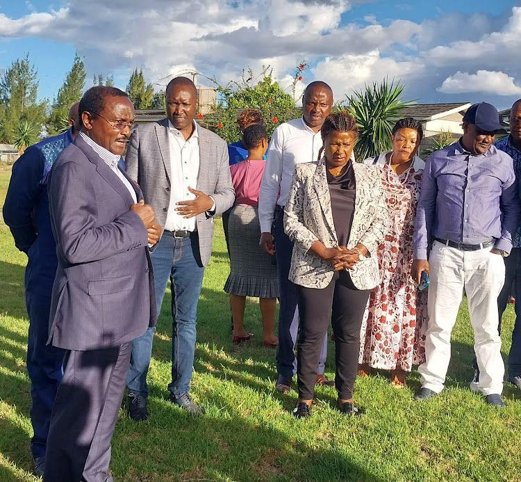 Wiper leader Kalonzo Musyoka with Machakos Governor Wavinya Ndeti and other leaders at Stoni Athi Resort in Mavoko, Machakos County on April 5, 2024.