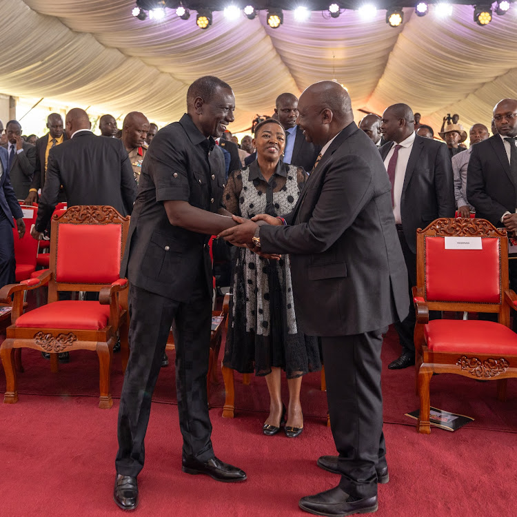 President William Ruto condoles with former Narok Governor Samuel Tunai at the funeral service of Mama Annah Tikui Noolparakuo Tunai on March 18, 2024.