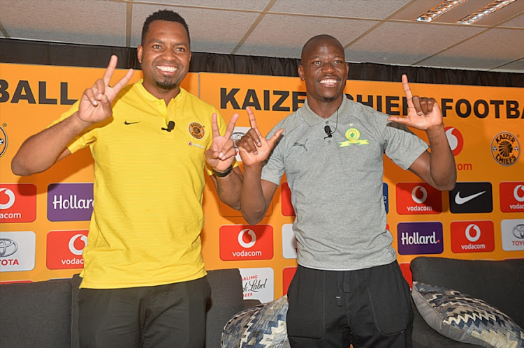 Kaizer chiefs captain Itumeleng Khune and Mamelodi Sundowns captain Hlompho Kekana during the two club's joint press conference at Medshield Offices on January 24, 2018 in Johannesburg, South Africa.