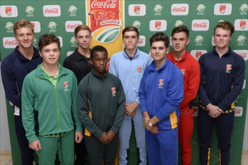 Captains of the eight teams taking part in the Coca-Cola Schools national finals pose for a picture after the capping ceremony at SuperSport Park in Centurion last night. Picture: Shawn Belluigi