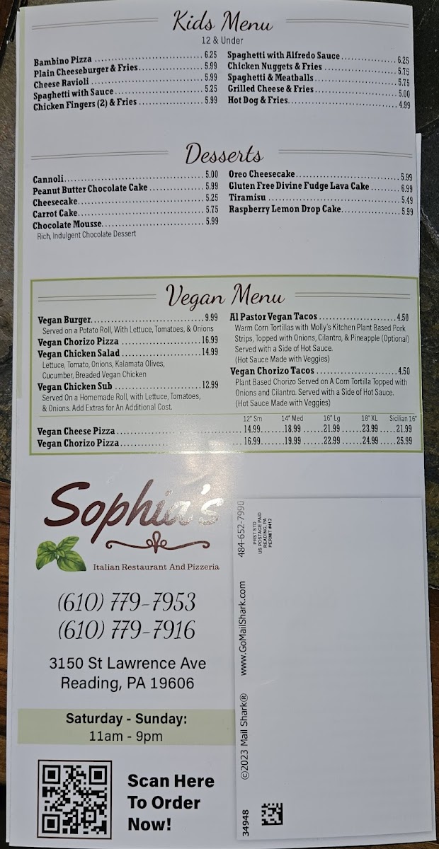 Sophia's Italian Restaurant & Pizzeria gluten-free menu