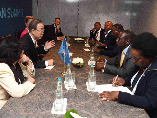 UN Secretary General Ban Ki-moon (2nd L) and Deputy President William Ruto (2nd R) at the World Humanitarian Summit in Turkey yesterday/REBECCA NDUKU/DPPS