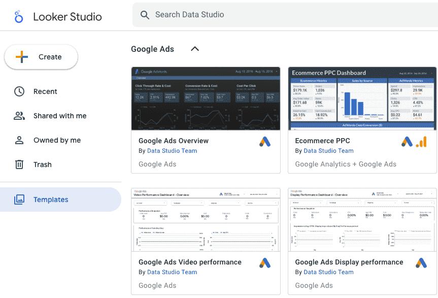 The Looker Studio report template gallery displays both the Templates link in the the left navigation panel and the Google Ads report templates.