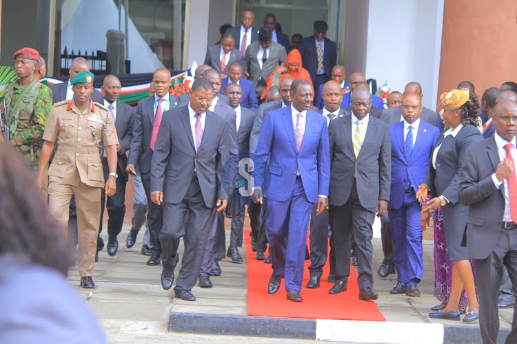 President William Ruto, his deputy Rigathi Gachagua (right) and National Assembly Speaker Moses Wetang'ula (left) during opening of Bunge Tower on April 25, 2024.