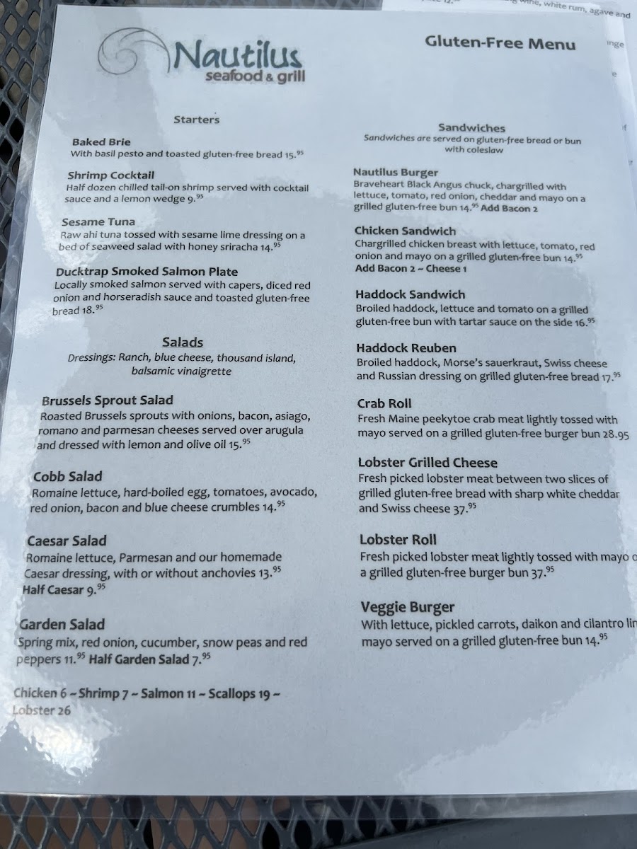 Nautilus Seafood & Grill gluten-free menu