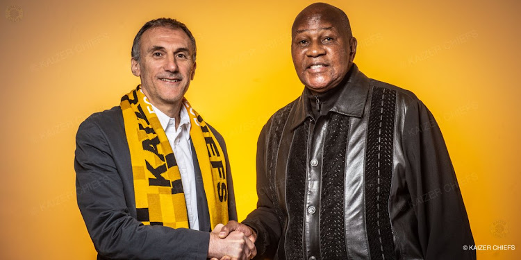 Kaizer Chiefs new coach Giovanni Solinas and the club's chairman Kaizer Motaung.
